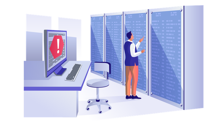 Engineer maintains connection and configures hardware in server room rack  Illustration