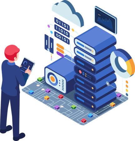 Engineer Monitoring Big Data Cente  Illustration