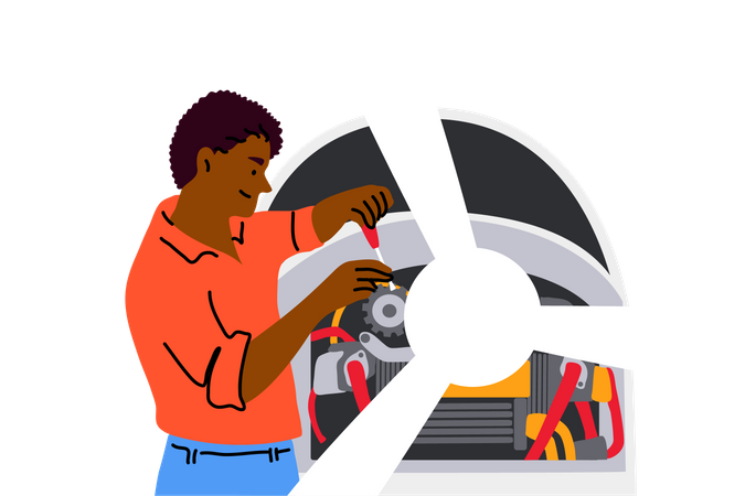 Engineer repairing Biplane propeller  Illustration
