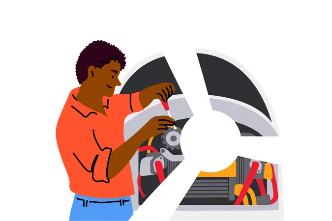 Engineer repairing Biplane propeller  Illustration