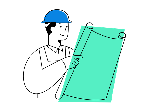 Engineer reviewing plans while wearing safety helmet  Illustration