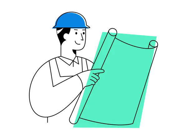 Engineer reviewing plans while wearing safety helmet  Illustration