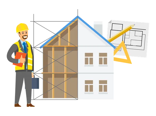 Worker Portrait View Wearing Helmet Contractor Character And Building House Drawing Construction On Paper Engineering Technology Tools On Blue Vector Illustration