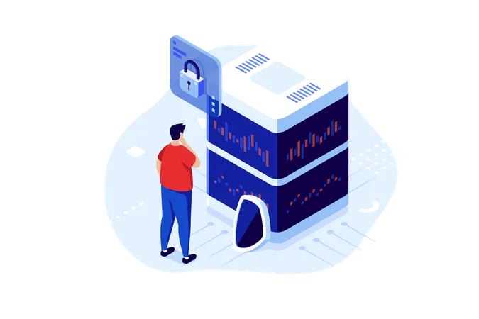 Engineer standing near data storage with closed access  Illustration