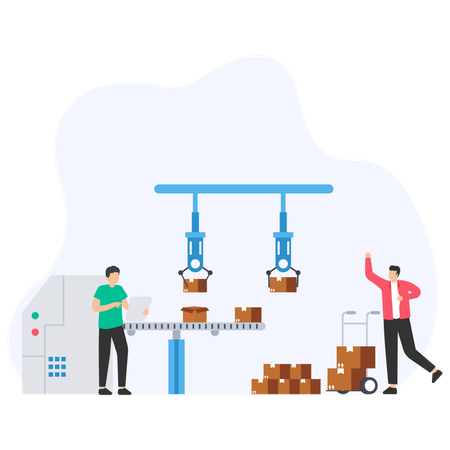 Engineer Team Checking Packaging Automation Process  Illustration