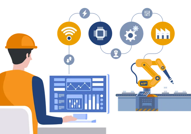 Engineer Using Computer To Control Robotic Arm On Smart Factory Industry 4 0 Concept Vector Illustration Illustration