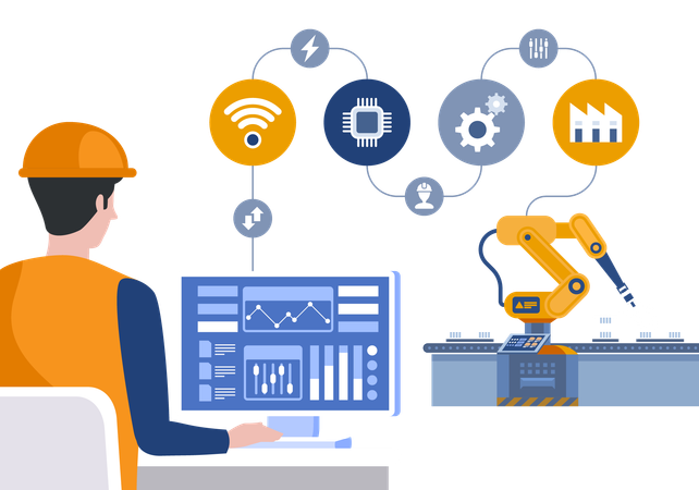 Engineer using computer to control robotic arm on smart factory  Illustration