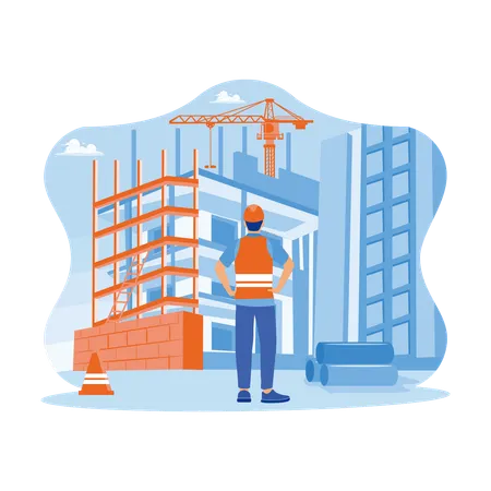 Engineer Wearing Vest And Hard Hat Standing At Construction Site  Illustration