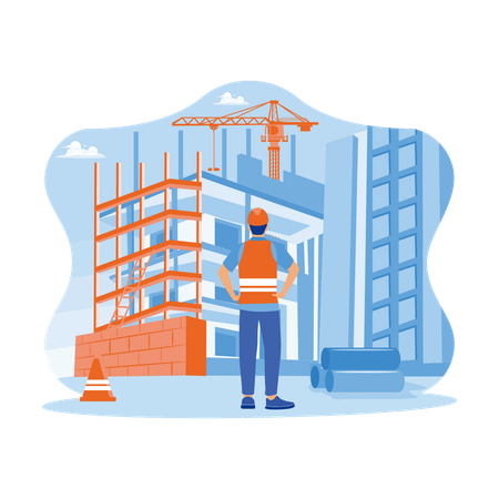 Engineer Wearing Vest And Hard Hat Standing At Construction Site  Illustration