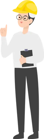 Engineer with clipboard raising one finger  Illustration