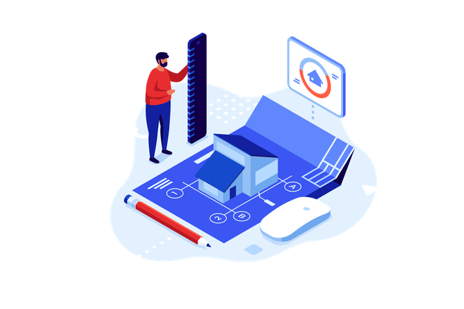 Engineer with ruler standing by house model and blueprint  Illustration