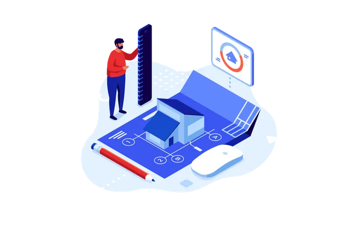 Engineer with ruler standing by house model and blueprint  Illustration