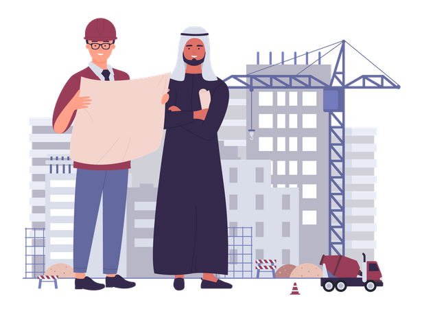 Engineer working at site with arab developer  Illustration