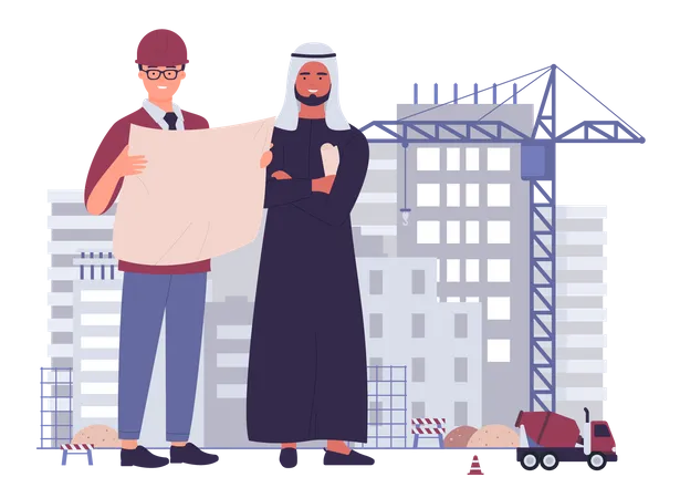 Engineer working at site with arab developer  Illustration