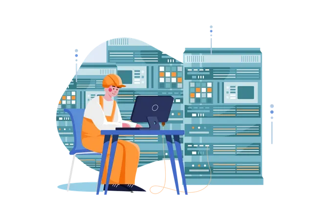 Engineer working at the data center  イラスト