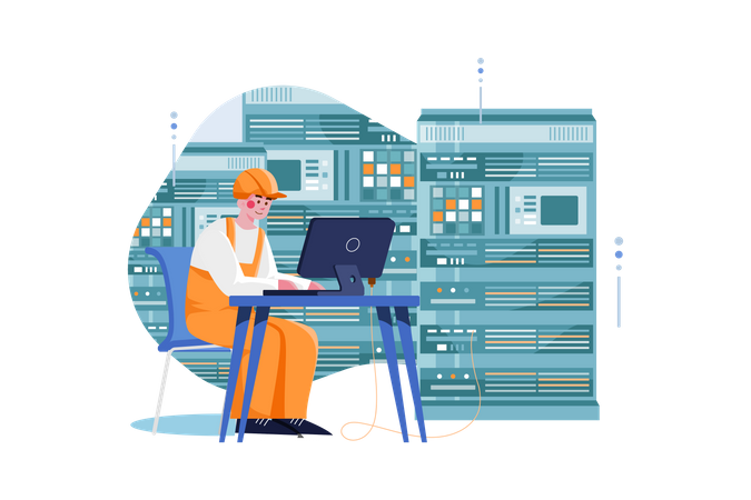 Engineer working at the data center  Illustration