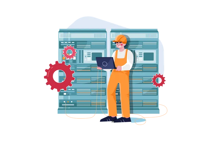 Engineer working in the server room Illustration