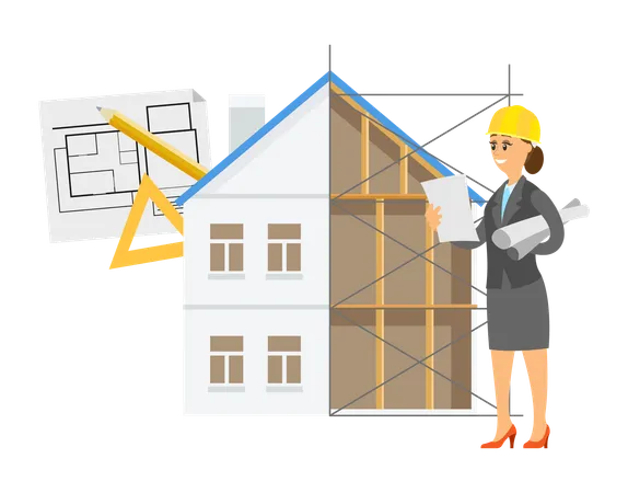 Female Engineer With Planning For Building Vector House With Floors And Unfinished Design Lady Wearing Helmet And Looking At Papers With Schemes Illustration