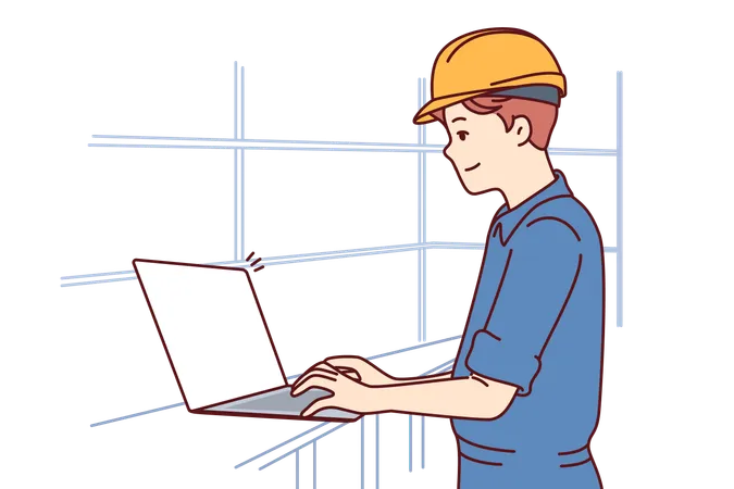Man With Laptop Works As Engineer In Factory And Performs Setup Of Production Machines Dressed In Uniform And Hardhat System Administrator Of Factory Or Industrial Enterprise Uses Computer Illustration