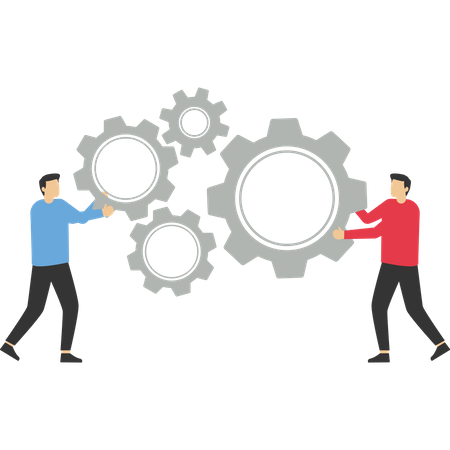 Engineering helps to assemble the cog in work  Illustration