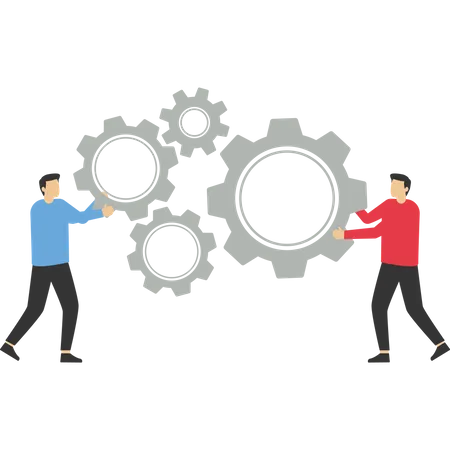 Engineering helps to assemble the cog in work  Illustration