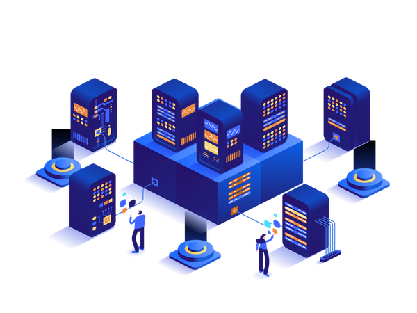 Das Engineering-Team arbeitet im Hardware-Cloud-Datenbankraum  Illustration