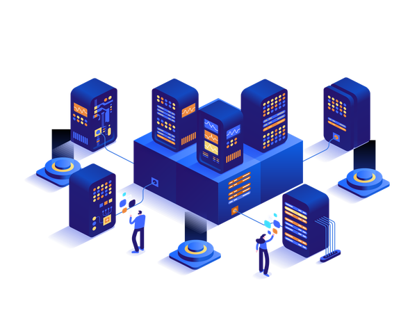 エンジニアリング チームはハードウェア クラウド データベース ルームで作業します  イラスト