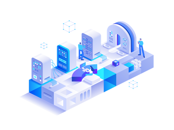 Engineering team works at hardware cloud database room  Illustration