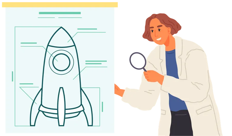 Search For Solutions Strategy Planning Project Creation Woman In Lab Coat Creates Plan New Idea Lady Works With Development Of Project Engineers Analyses Rocket As Symbol Of Startup Launch Illustration