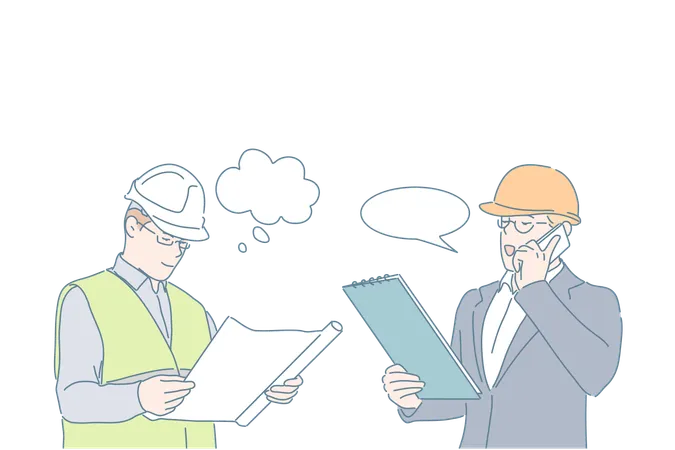 Engineer Work Project Discussion Planning Concept Building Constructing Business Businessman And Worker In Helmets Men In Suit And Work Clothes People And Speech Clouds Simple Flat Vector Illustration