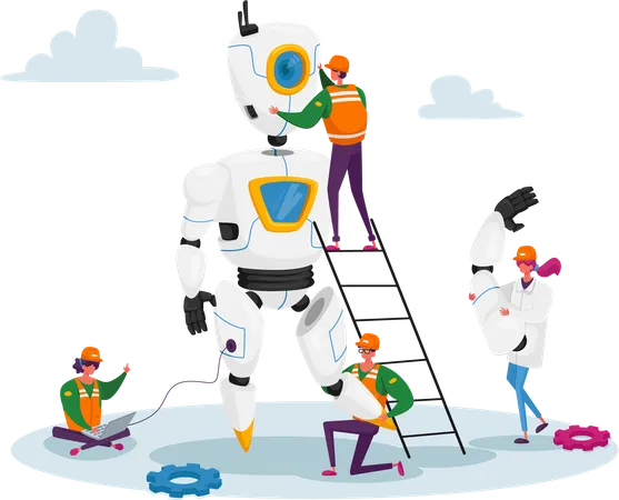 Engineers Scientists Tiny Characters Making And Programming Huge Robot In Science Laboratory Robotics Hardware And Software Science Engineering Development Company Cartoon People Vector Illustration Illustration