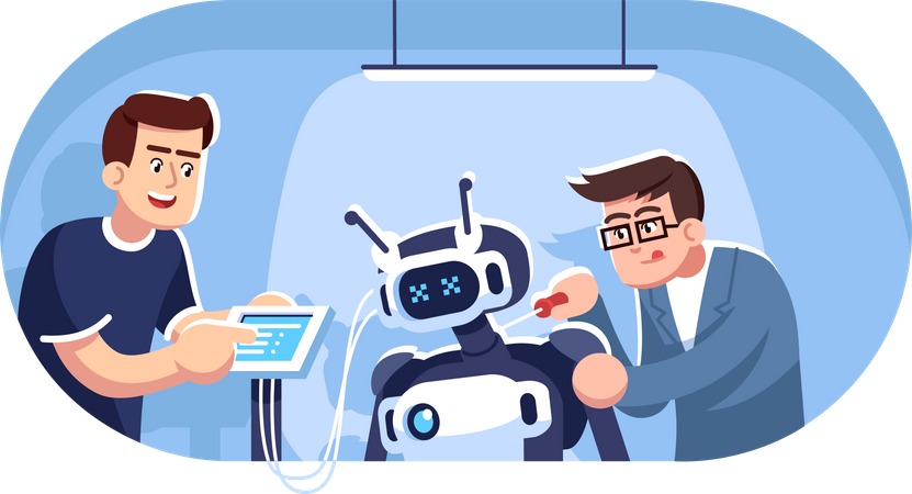 Engineers creating robot  イラスト
