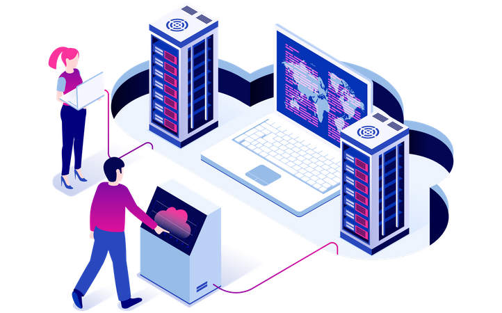 Engineers maintaining cloud server  Illustration