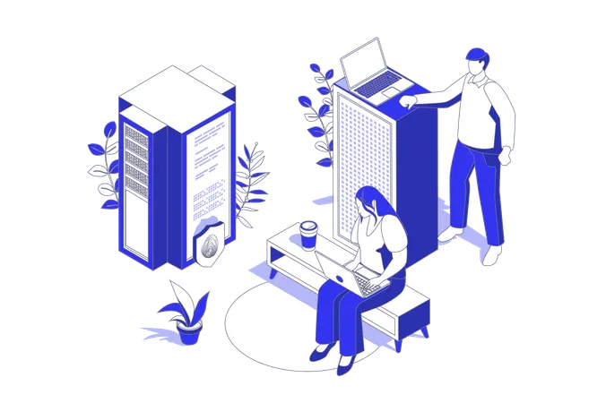 Engineers working at data center  Illustration