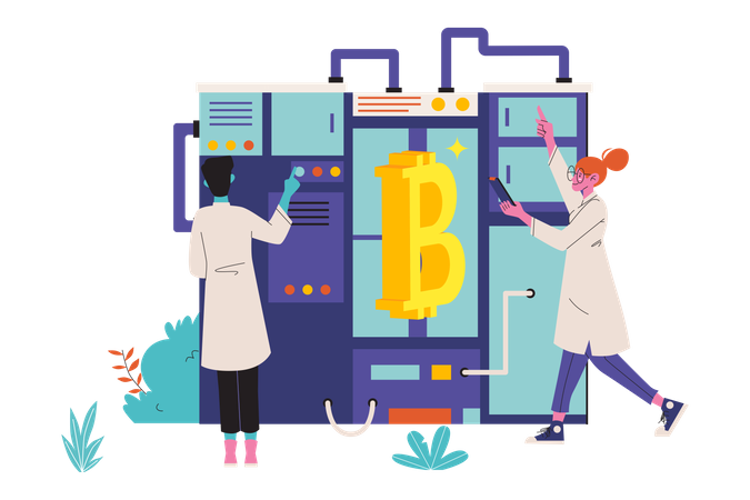 Engineers working on bitcoin mining rig  Illustration