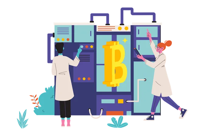 Engineers working on bitcoin mining rig  Illustration