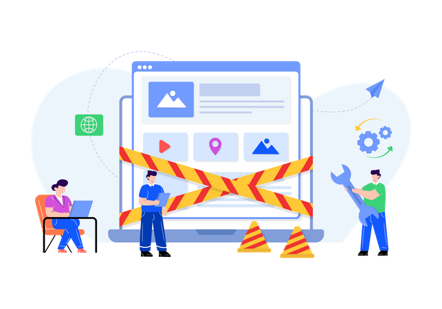 Engineers working on website maintenance Illustration