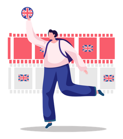 English language courses. Illustration with a woman holding Flag of the Great Britain and running  Illustration