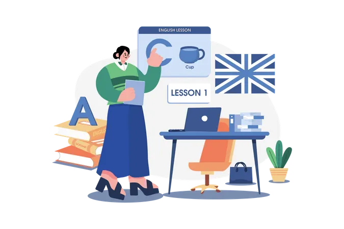 English teacher giving lesson in classroom Illustration