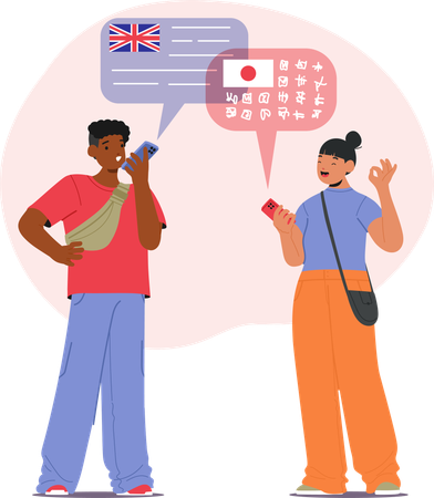 Englishman and Japanese woman having nice conversation using translator mobile service  Illustration