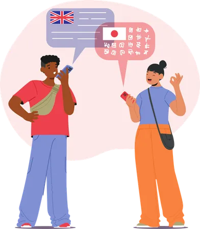 Englishman and Japanese woman having nice conversation using translator mobile service  Illustration