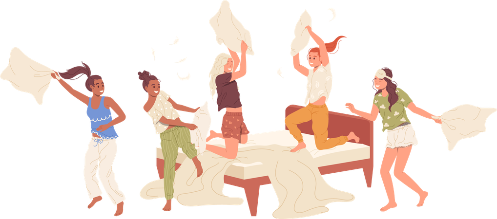 Engraçada mulher muito feliz, melhores amigas brigando com travesseiro no quarto, aproveitando a festa do pijama  Illustration