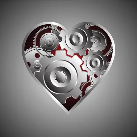 Engranaje de metal y rueda dentada con forma de corazón  Ilustración
