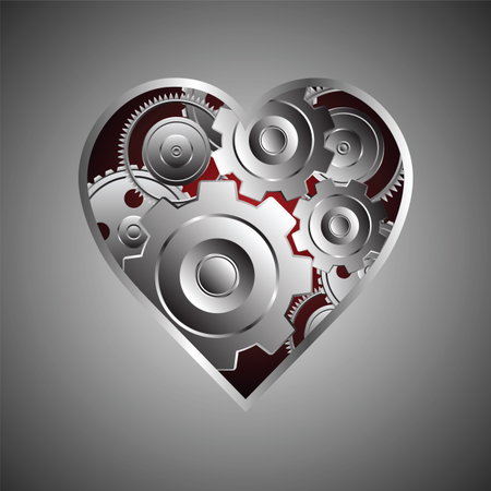 Engrenagem de metal e roda dentada em formato de coração  Ilustração