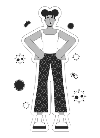 Enhancing Immunity Black And White 2 D Illustration Concept Black Woman Healthy Lifestyle Cartoon Outline Character Isolated On White Immune Protection Against Viruses Metaphor Monochrome Vector Art Illustration