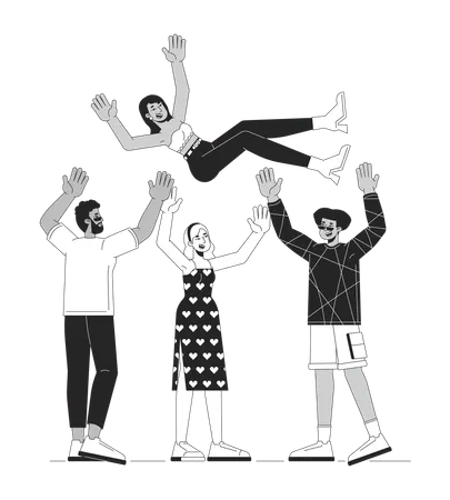 Enjoy Success Black And White Cartoon Flat Illustration Joyful Friends Throwing South Asian Female In Air 2 D Lineart Characters Isolated Celebrating Diversity Scene Vector Color Image Illustration