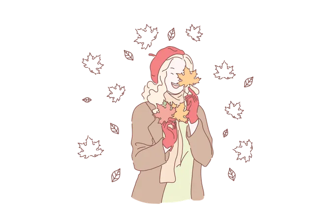 Enjoying Autumn Weather Concept Young Blonde Girl Holding Yellow Leaves Bunch Elegant Lady In Red Gloves Beret And Warm Jacket Playing With Maple Leaf Simple Flat Vector Illustration
