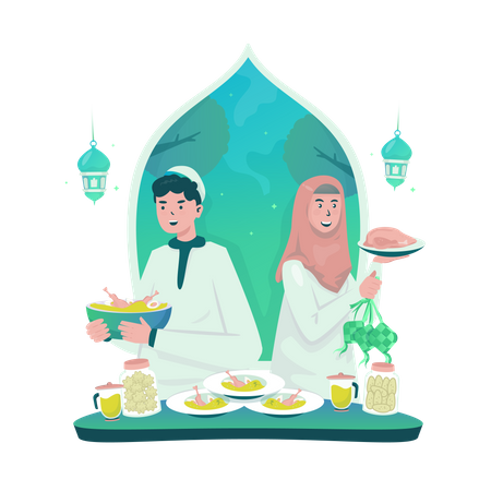 Enjoying Eid food  Illustration