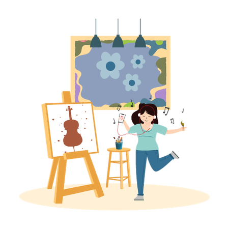 그림 그리는 시간에 음악 감상하기  일러스트레이션