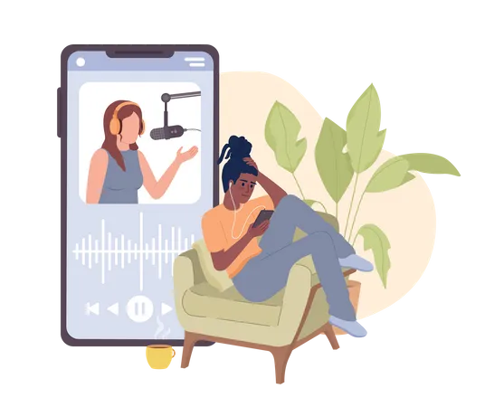Listening To Podcast On Mobile Phone Flat Concept Vector Spot Illustration Student Watching Episode Editable 2 D Cartoon Character On White For Web Design Hobby Creative Idea For Website Mobile App Illustration